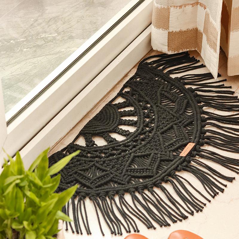 Buy Half Moon Boho Handcrafted Rug - Black Dhurries from Vaaree