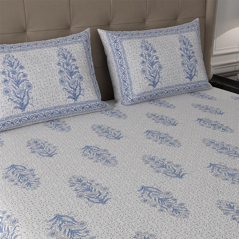 Buy Paari Ethnic Bedsheet - White & Blue Bedsheets from Vaaree