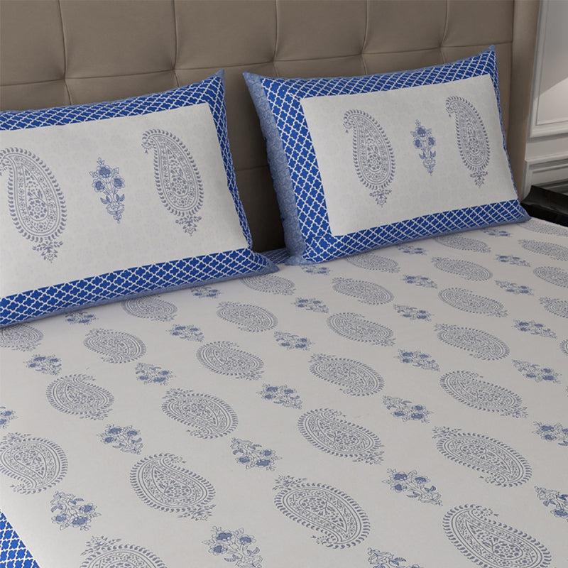 Buy Velu Ethnic Bedsheet - White & Blue Bedsheets from Vaaree