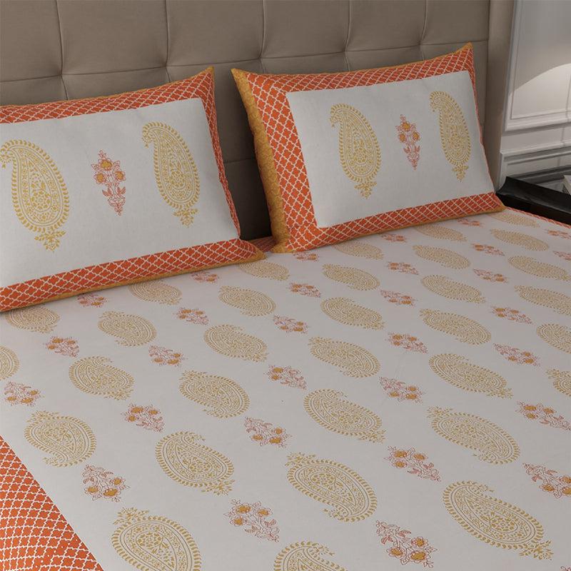 Buy Velma Ethnic Bedsheet - White & Orange Bedsheets from Vaaree