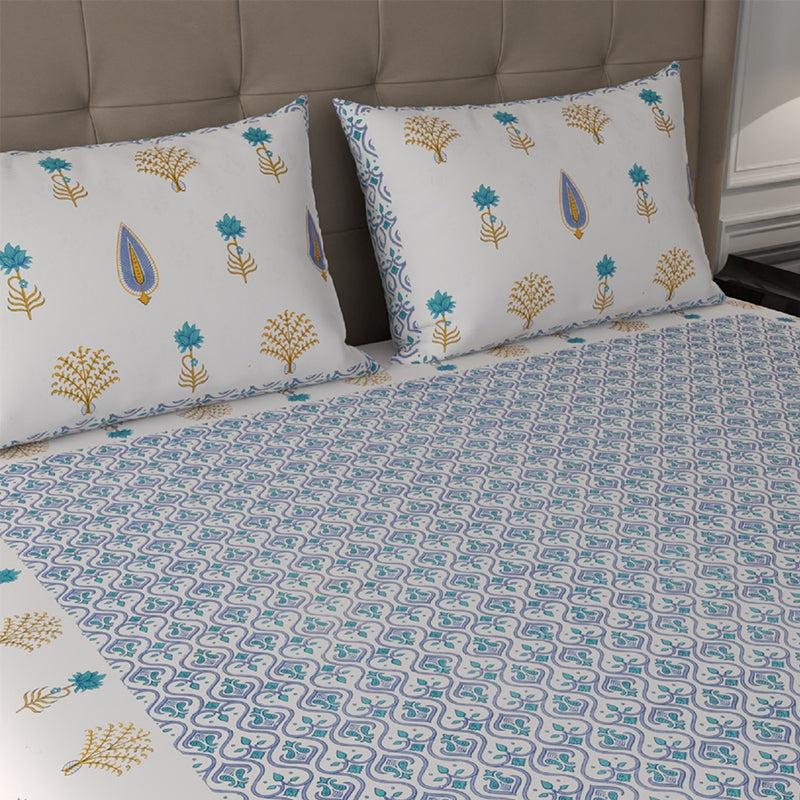 Bedsheets - Nithya Ethnic Bedsheet - White & Blue