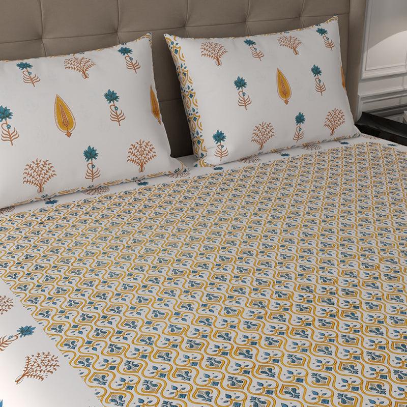 Bedsheets - Nithya Ethnic Bedsheet - White & Yellow