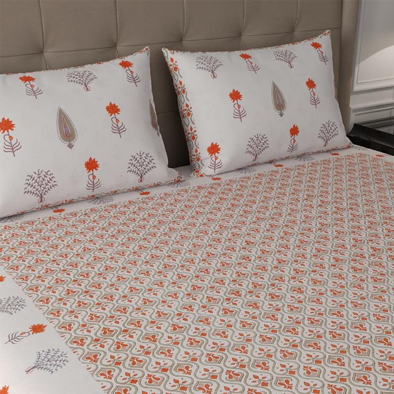 Bedsheets - Nithya Ethnic Bedsheet - White & Orange