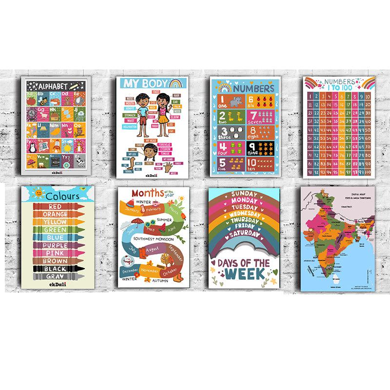 Buy Vibrant Learning Kids Wall Poster - Set Of Eight Wall Poster from Vaaree