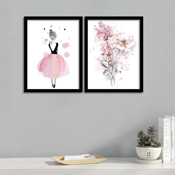 Wall Art & Paintings - Girl In Pink Wall Painting - Set Of Two