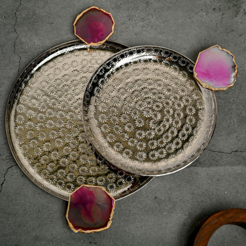 Platter - Samitha Aluminium Platter With Agate Decoration (Pink) - Set Of Two