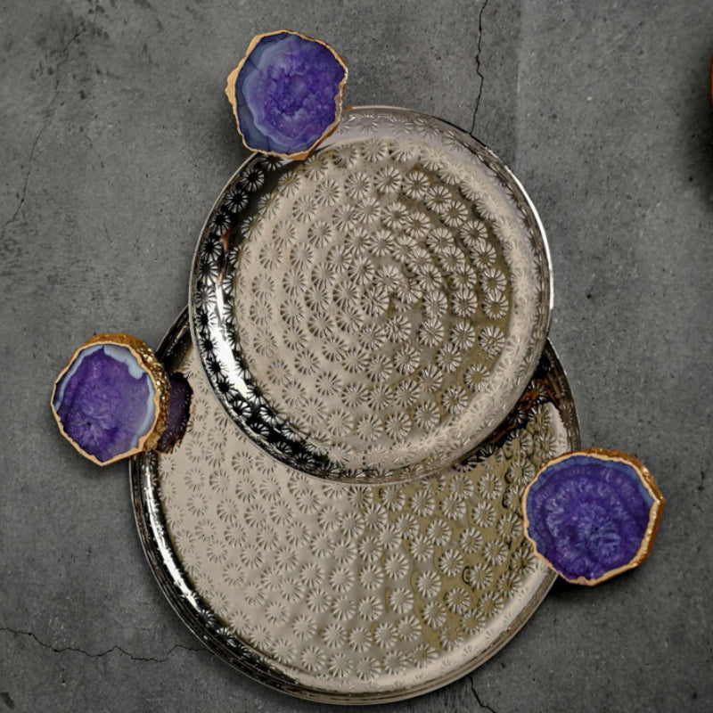 Platter - Samitha Aluminium Platter With Agate Decoration (Purple) - Set Of Two