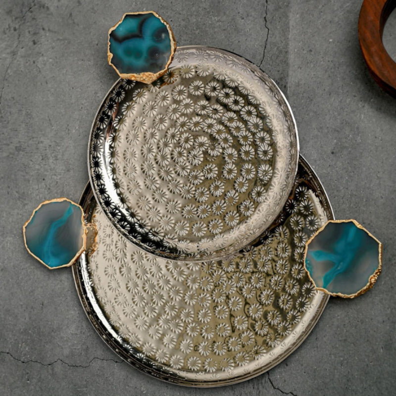 Platter - Samitha Aluminium Platter With Agate Decoration (Turquoise) - Set Of Two