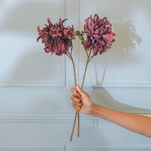 Faux Maroon Chrysanthemum Flower Stick (20 CM) - Set Of Two