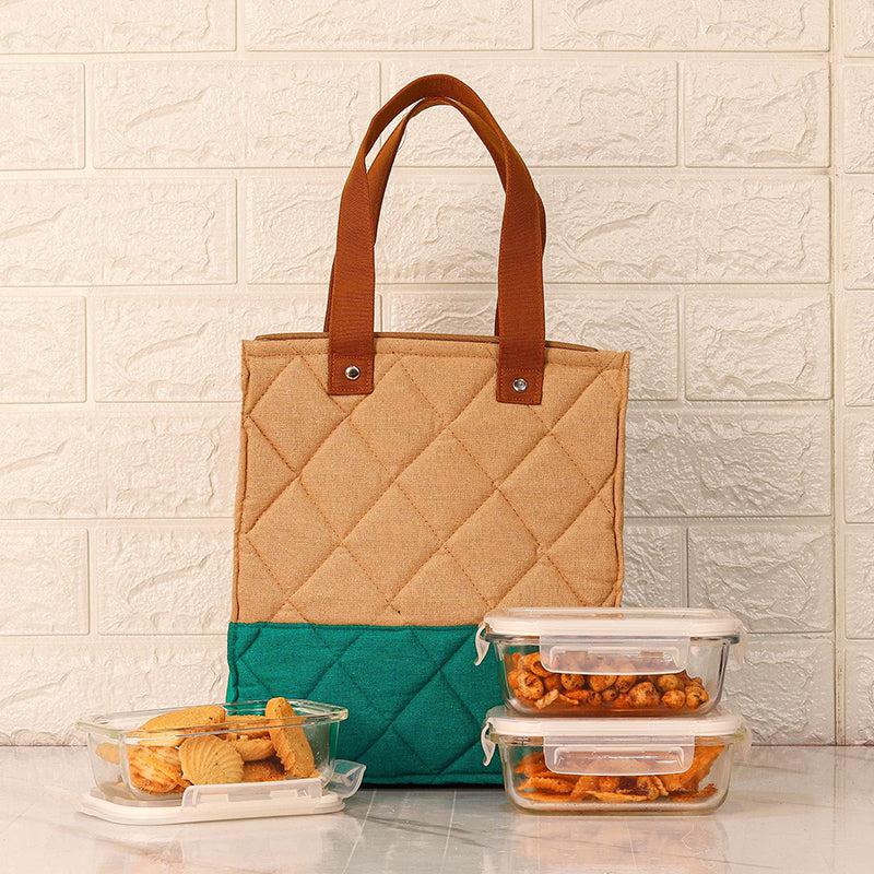 Tiffin Box & Storage Box - Acro Glass Lunch Box With Green Lunch Bag (400 ML) - Four Piece Set