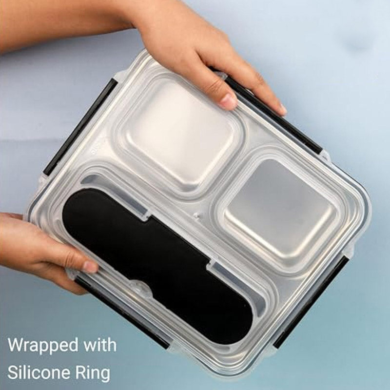 Tiffins & Lunch Box - Yum Bite Steel Leakproof Lunch Box With Lunch Bag - Black