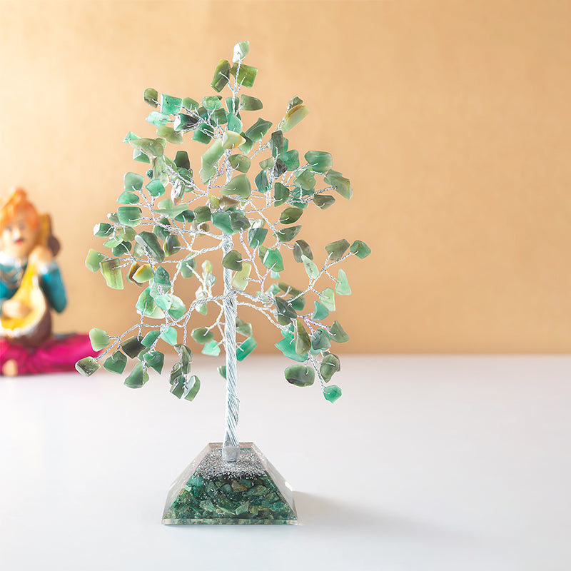 Showpieces - Chi Flow Handcrafted Agate Stone Tree Showpiece - Green & Silver