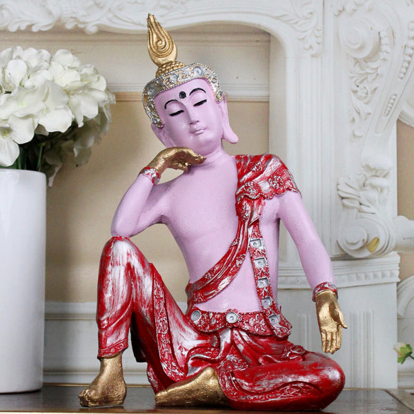 Showpieces - Pondering Buddha Showpiece - Pink & Red