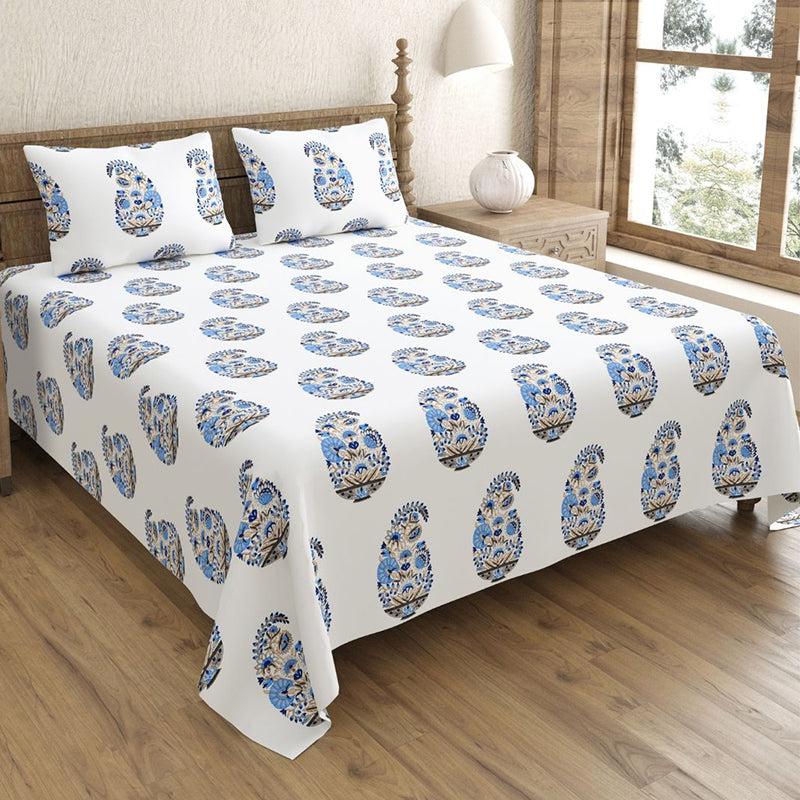 Buy Talika Ethnic Bedsheet - White,Blue Bedsheets from Vaaree