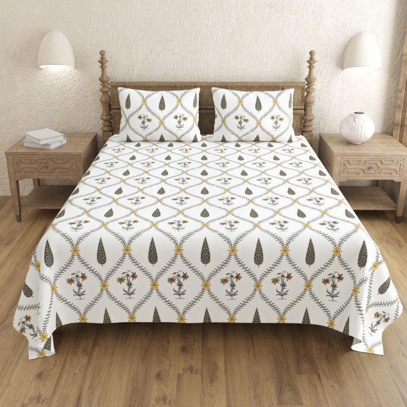 Buy Shlok Ethnic Bedsheet - White & Olive Green Bedsheets from Vaaree