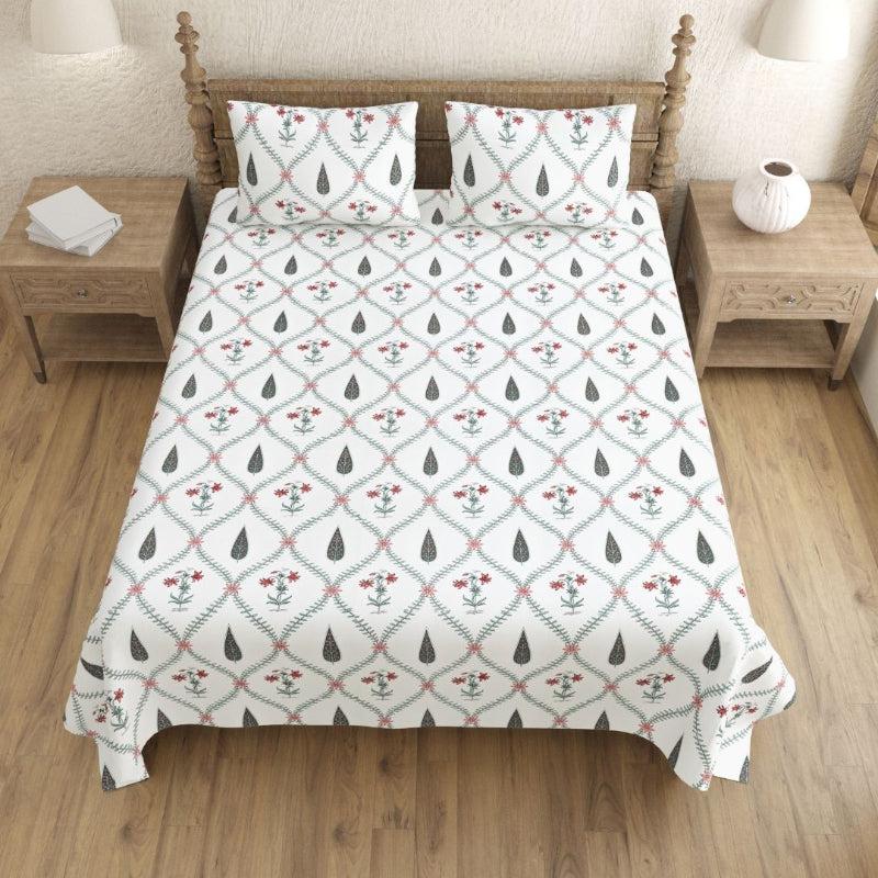 Bedsheets - Shlok Ethnic Bedsheet - White & Green