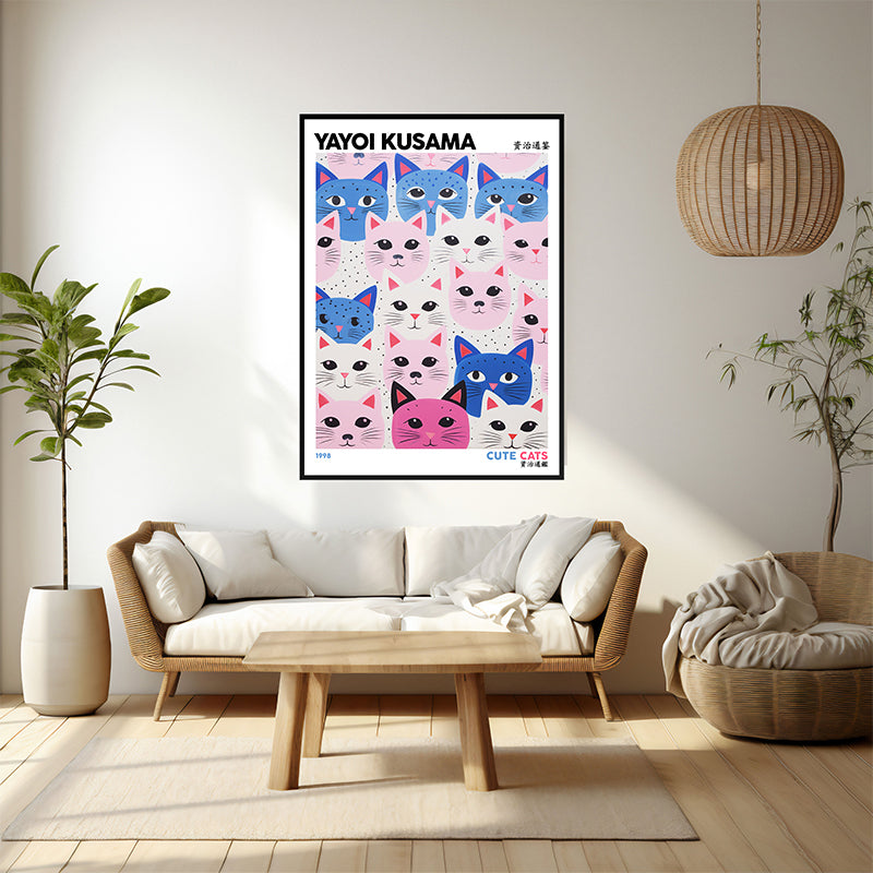 Wall Art & Paintings - Cute Cats Inspired by Yayoi Kusama Wall Art - Black Frame