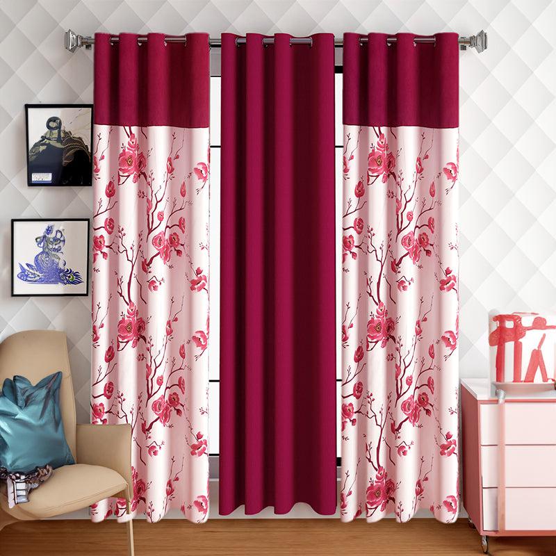 Buy Fern Floral Curtain (Maroon) - Set Of Three Curtains from Vaaree