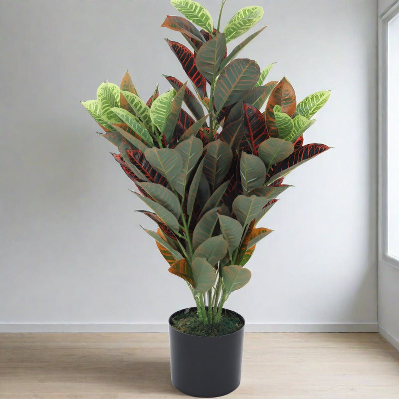 Artificial Plants - Faux Croton Astroites Plant With Pot - 2.79 ft