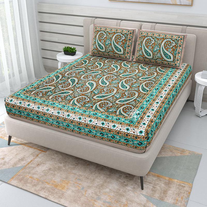 Buy Edur Ethnic Bedsheet - Green & Brown Bedsheets from Vaaree