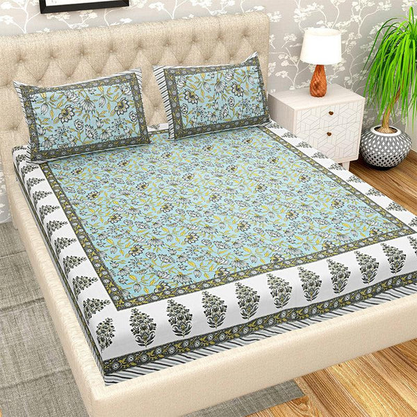 Bedsheets - Ambala Floral Bedsheet - Green & White