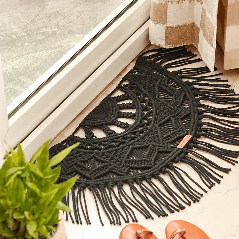 Buy Half Moon Boho Handcrafted Rug - Black Dhurries from Vaaree