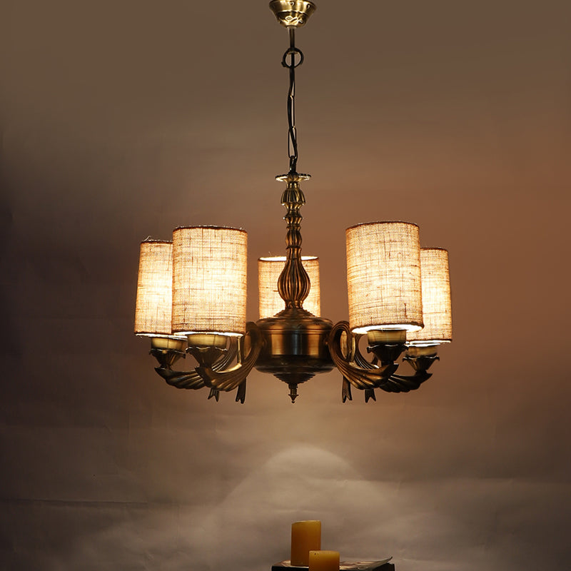 Ceiling Lamp - Vistara Cylindrical Golden Antique Chandelier - Beige