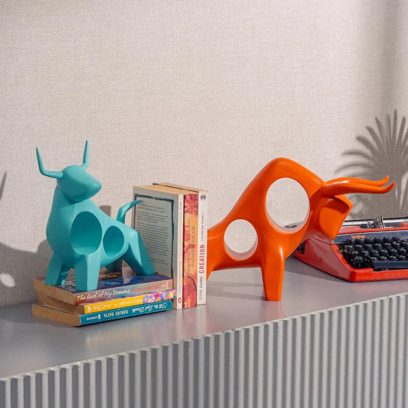 Buy Bull Boom Showpiece (Orange & Teal) - Set Of Two Showpieces from Vaaree