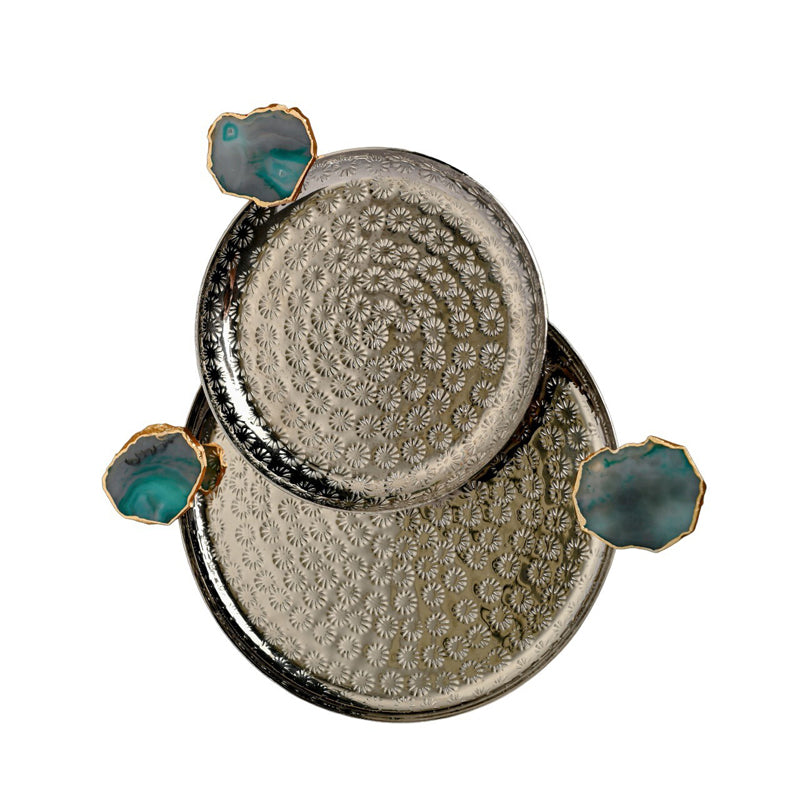 Platter - Samitha Aluminium Platter With Agate Decoration (Turquoise) - Set Of Two