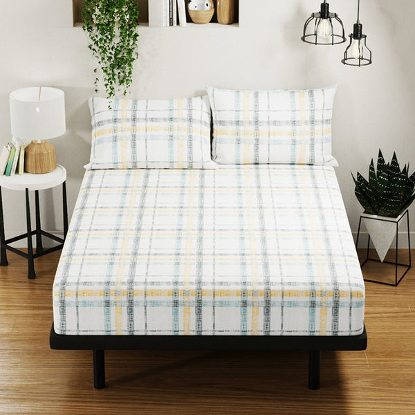 Buy Lydia Checks Bedsheet - Gold & Blue Bedsheets from Vaaree