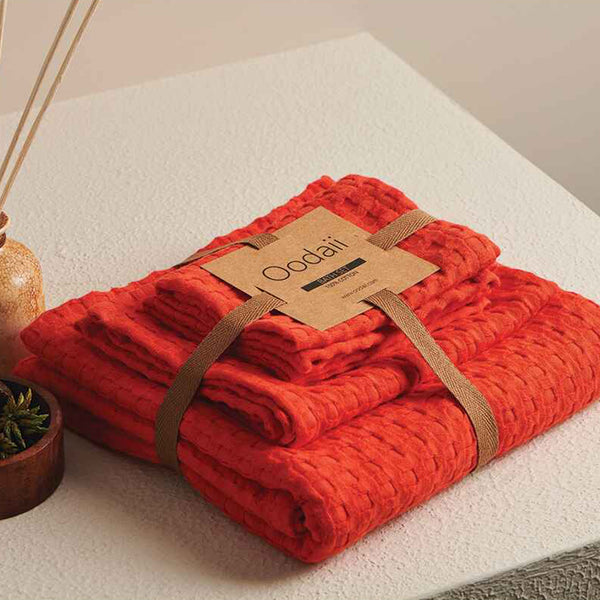 Buy Haimi Textured Waffle Towel Combo (Orange) - Four Piece Set Towel Sets from Vaaree