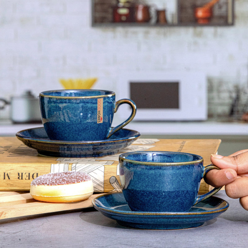 Tea Sets & Tea Pots - Hrito Blue Stoneware Mug (200 ML) - Set Of Eight