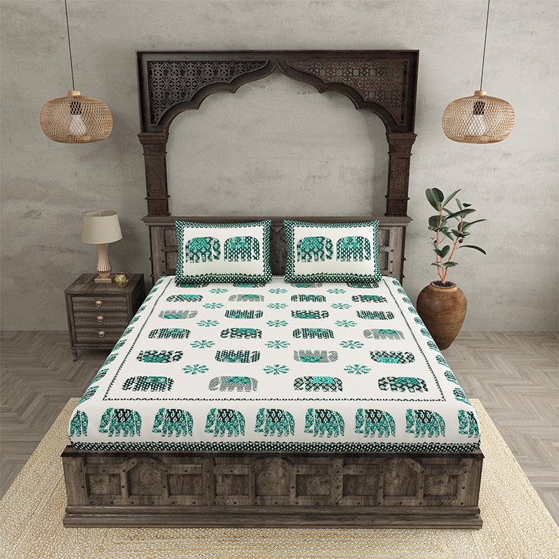 Buy Hasthi Ethnic Bedsheet - White,Green Bedsheets from Vaaree