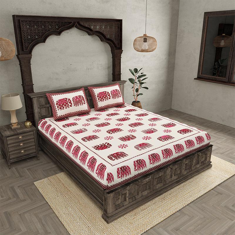 Buy Hasthi Ethnic Bedsheet - White,Red Bedsheets from Vaaree