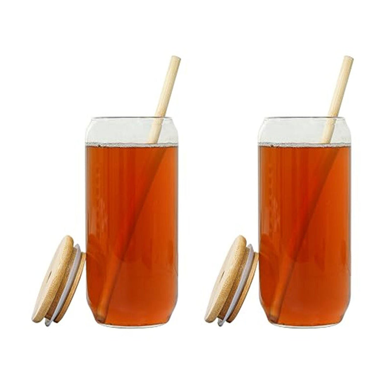 Sipper - Portia Boroscilate Glass Tumbler With Lid & Wooden Straw (500 ML) - Set Of Two