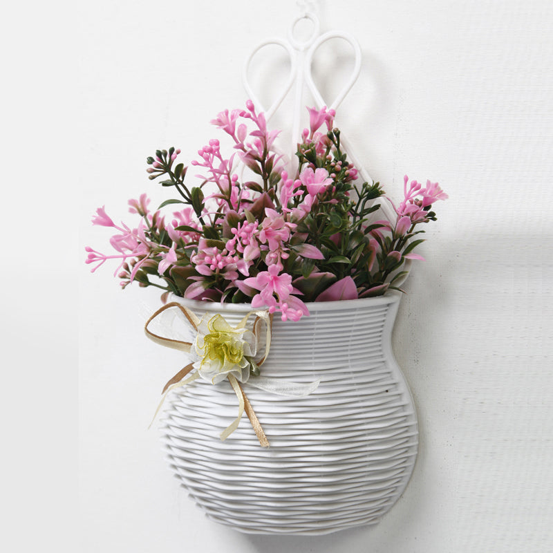 Artificial Plants - Faux Pink Flower Plant With Wall Hanging Pot