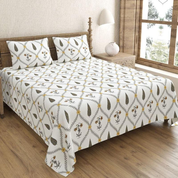 Buy Shlok Ethnic Bedsheet - White & Olive Green Bedsheets from Vaaree