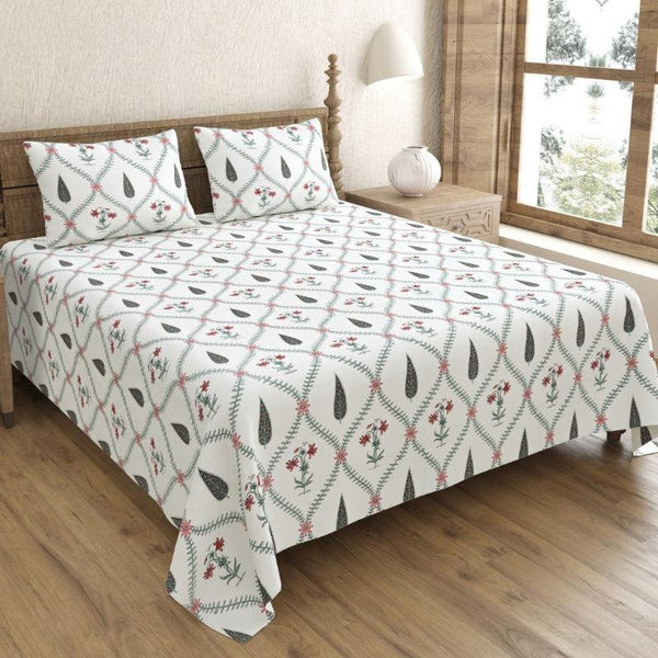 Bedsheets - Shlok Ethnic Bedsheet - White & Green