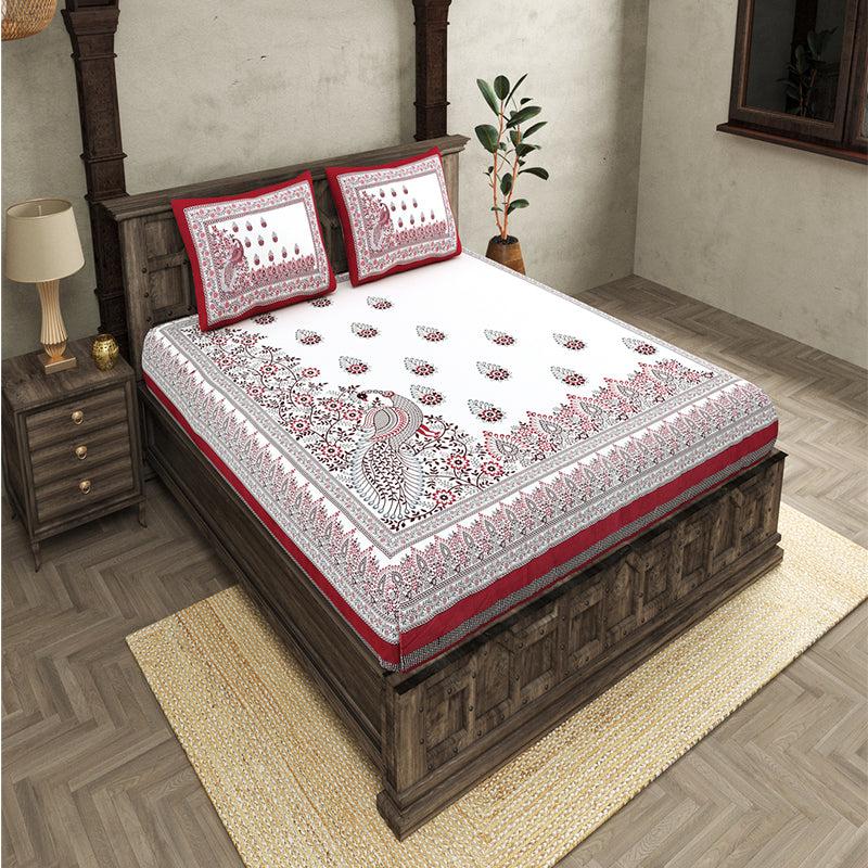 Bedsheets - Tanip Ethnic Bedsheet - White,Red