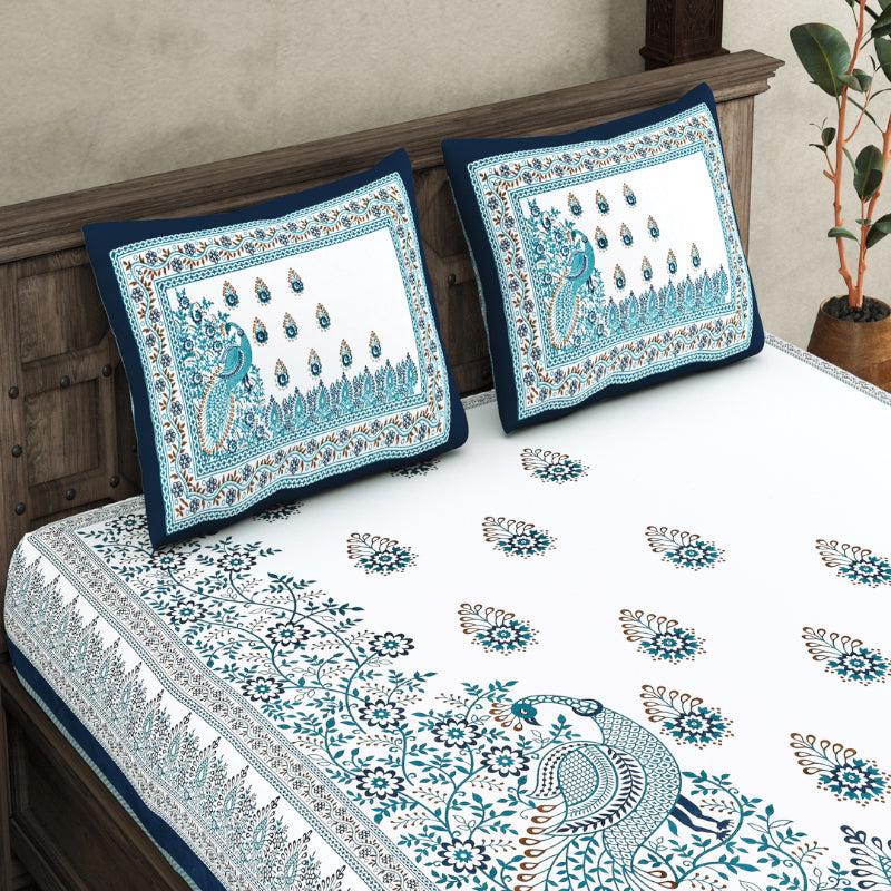 Buy Tanip Ethnic Bedsheet - White,Blue Bedsheets from Vaaree