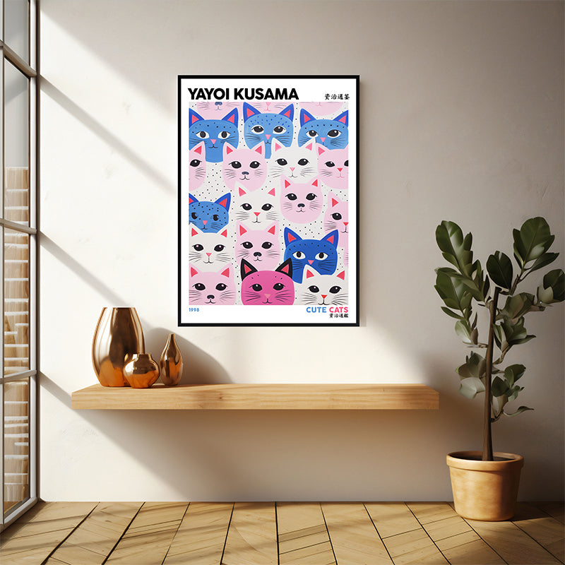 Wall Art & Paintings - Cute Cats Inspired by Yayoi Kusama Wall Art - Black Frame