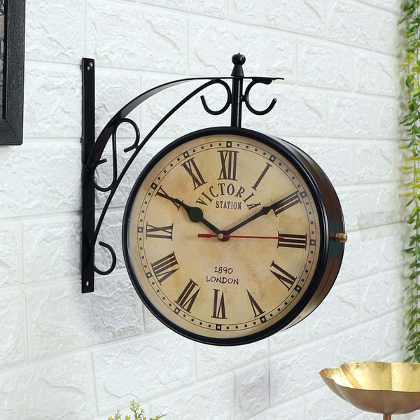 Buy Dolva Double Sided Roman Numeral Station Clock - Black & Beige Wall Clock from Vaaree