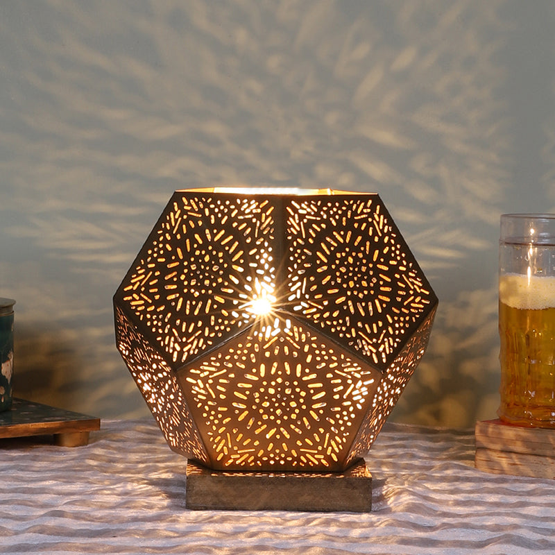 Table Lamp - Hexa Flora Etched Table Lamp With Wooden Base