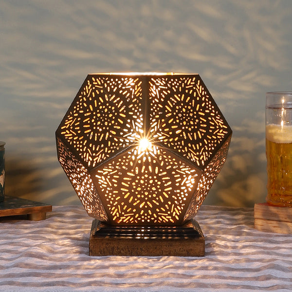 Table Lamp - Hexa Flora Etched Table Lamp With Brown Base