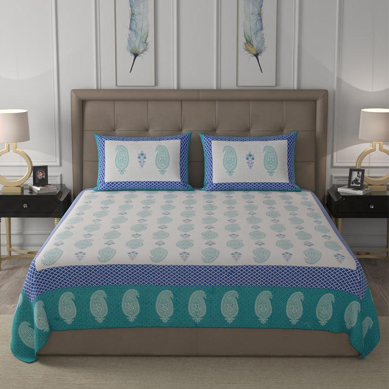 Buy Velu Ethnic Bedsheet - White & Green Bedsheets from Vaaree