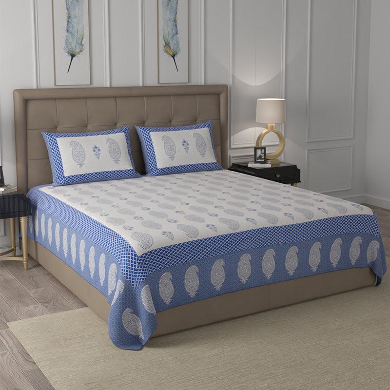 Buy Velu Ethnic Bedsheet - White & Blue Bedsheets from Vaaree