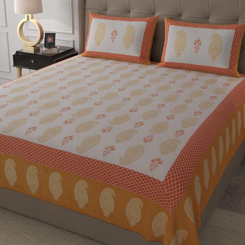 Buy Velma Ethnic Bedsheet - White & Orange Bedsheets from Vaaree