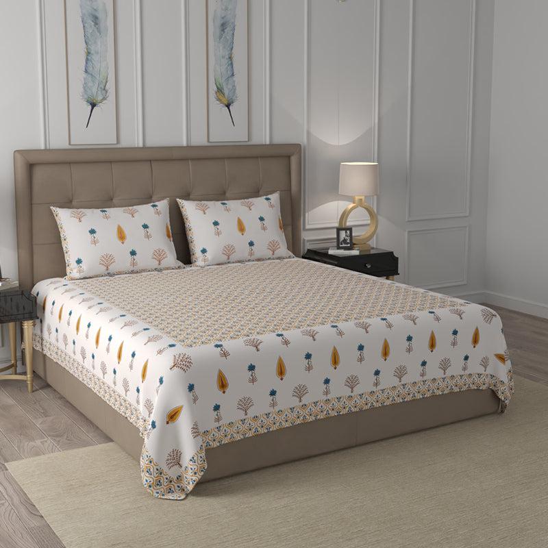 Bedsheets - Nithya Ethnic Bedsheet - White & Yellow