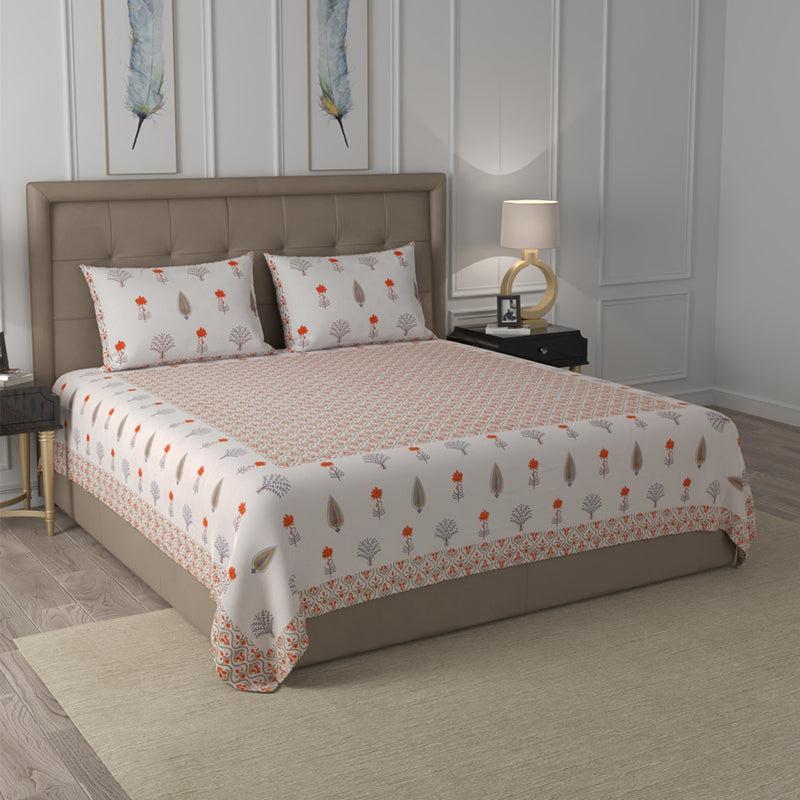 Bedsheets - Nithya Ethnic Bedsheet - White & Orange