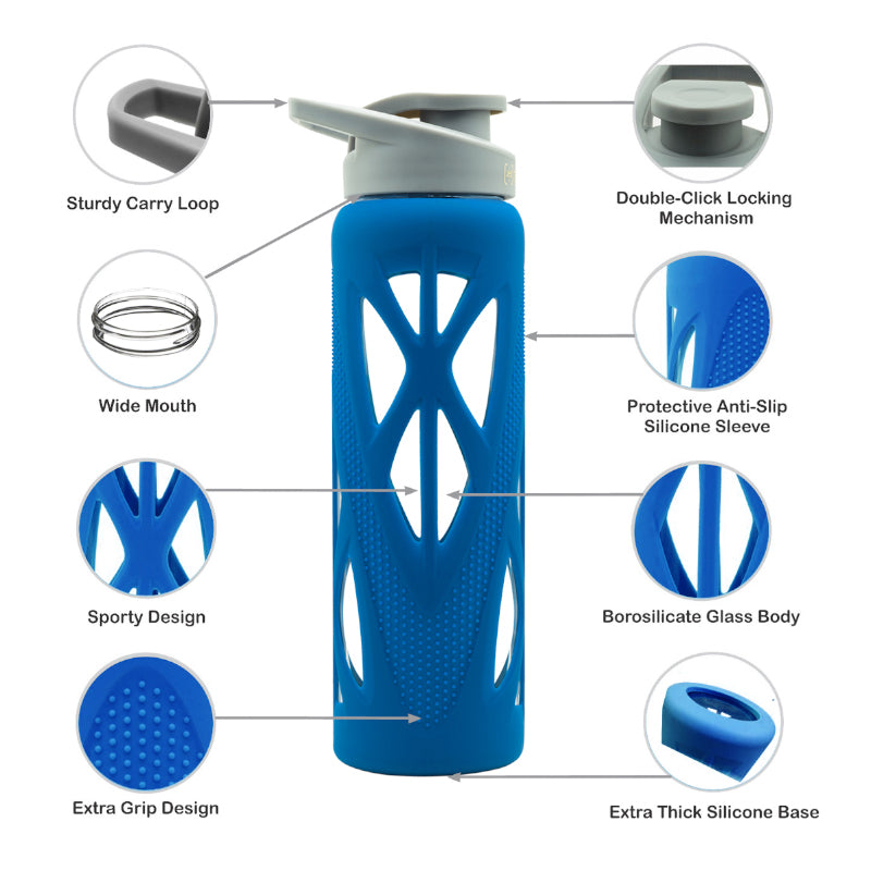 Bottle - Wego Glass Bottle With Silicon Sleeve (750 ML) - Blue